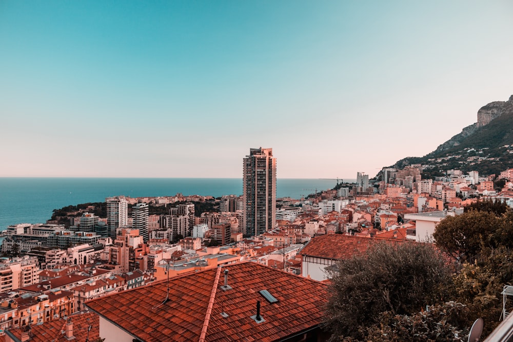 a city with a body of water in the background