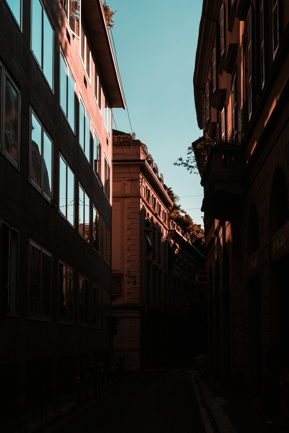 a street between two buildings
