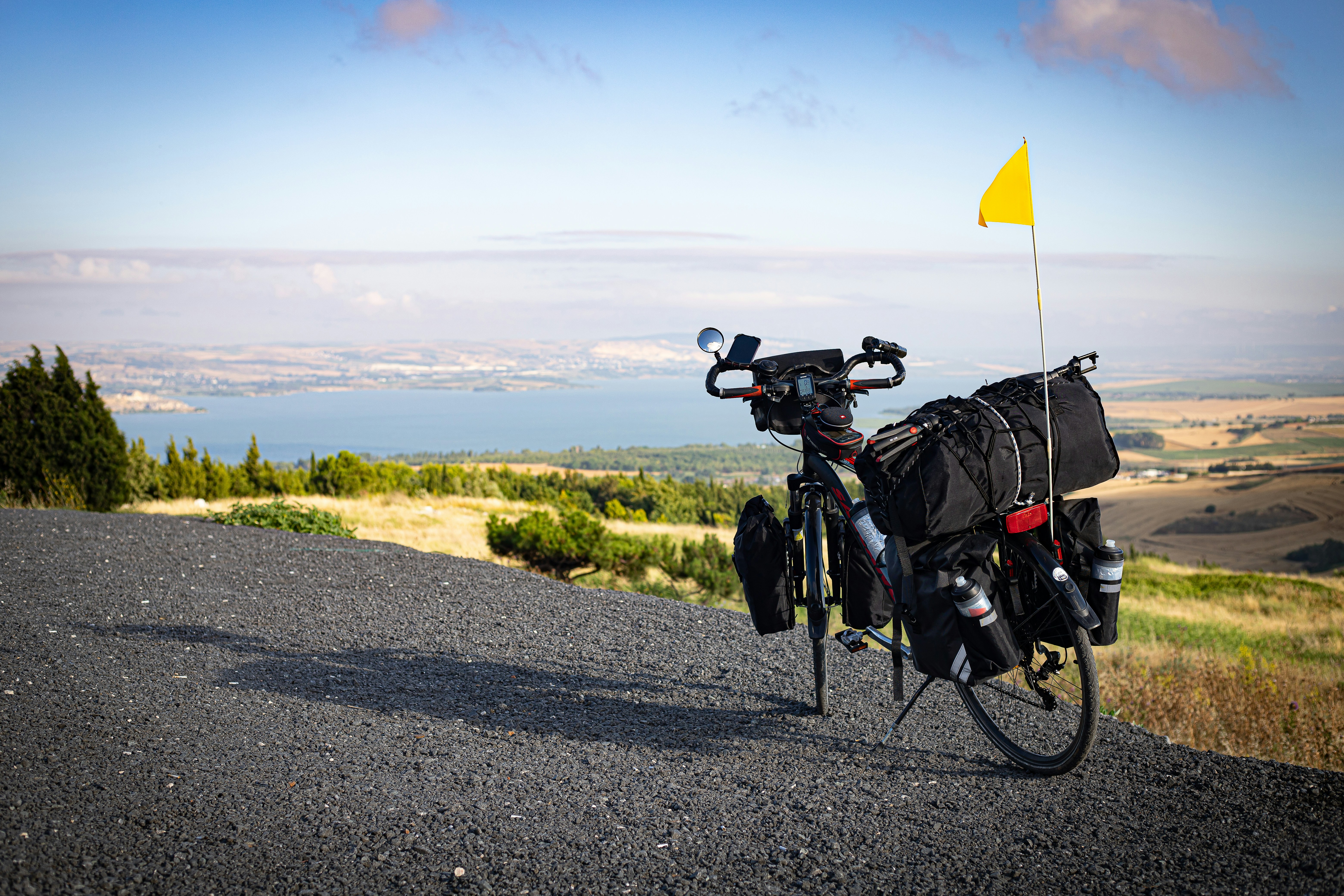 a bicycle parked on a road