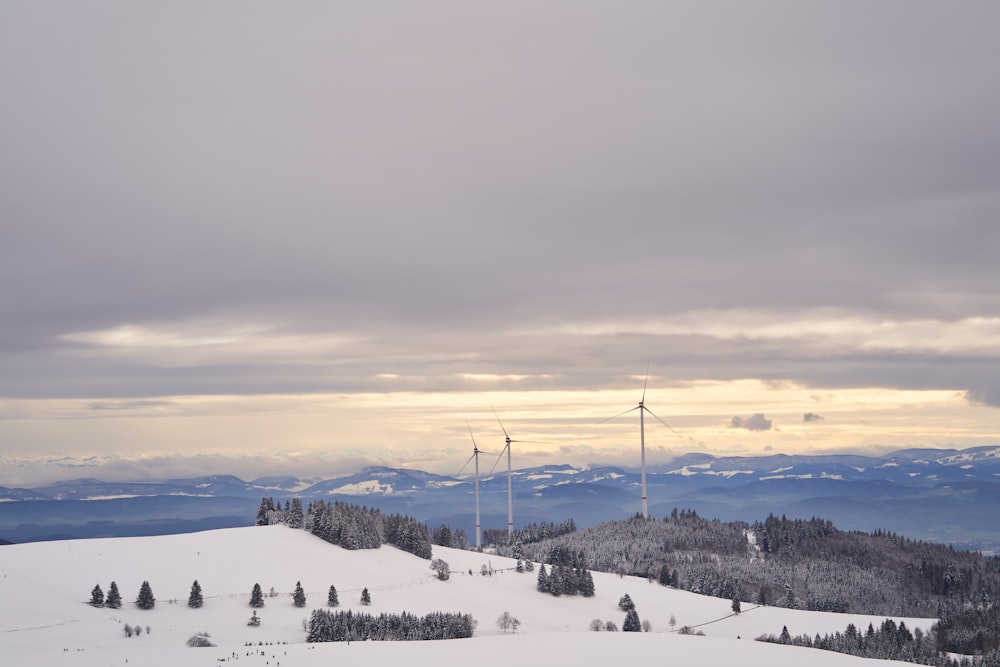 a snowy landscape with windmills
