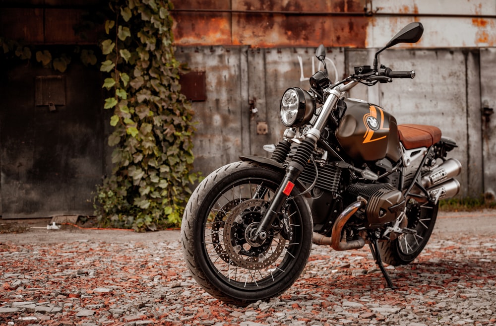 a motorcycle parked on a brick road