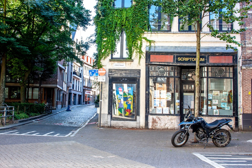 a motorcycle parked on the side of a street