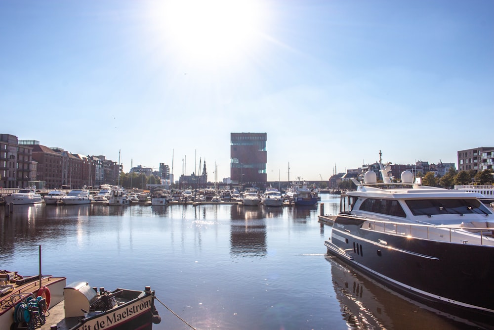 a body of water with boats and buildings in the background