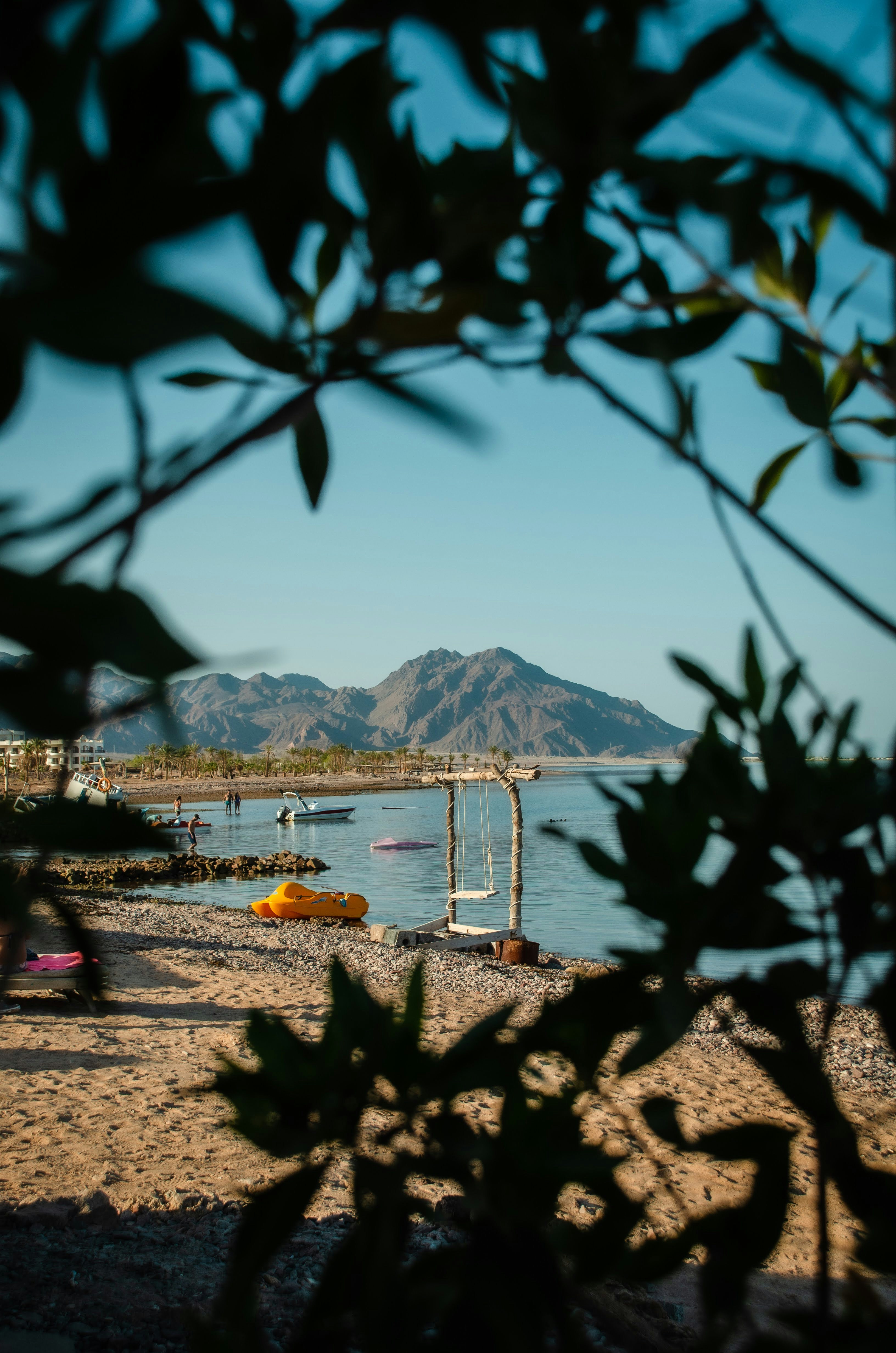 a beach with boats and a mountain in the background