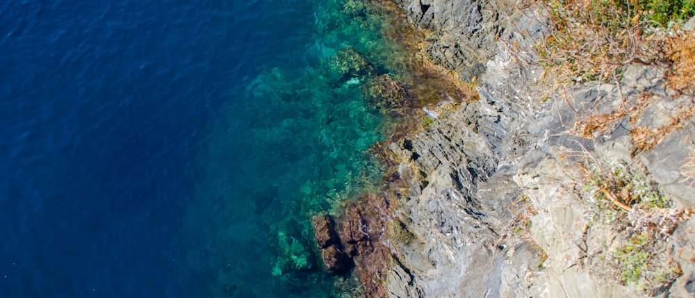 a rocky beach with a body of water in the background