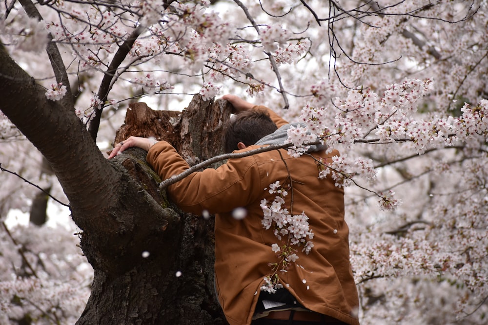 a person holding a tree branch