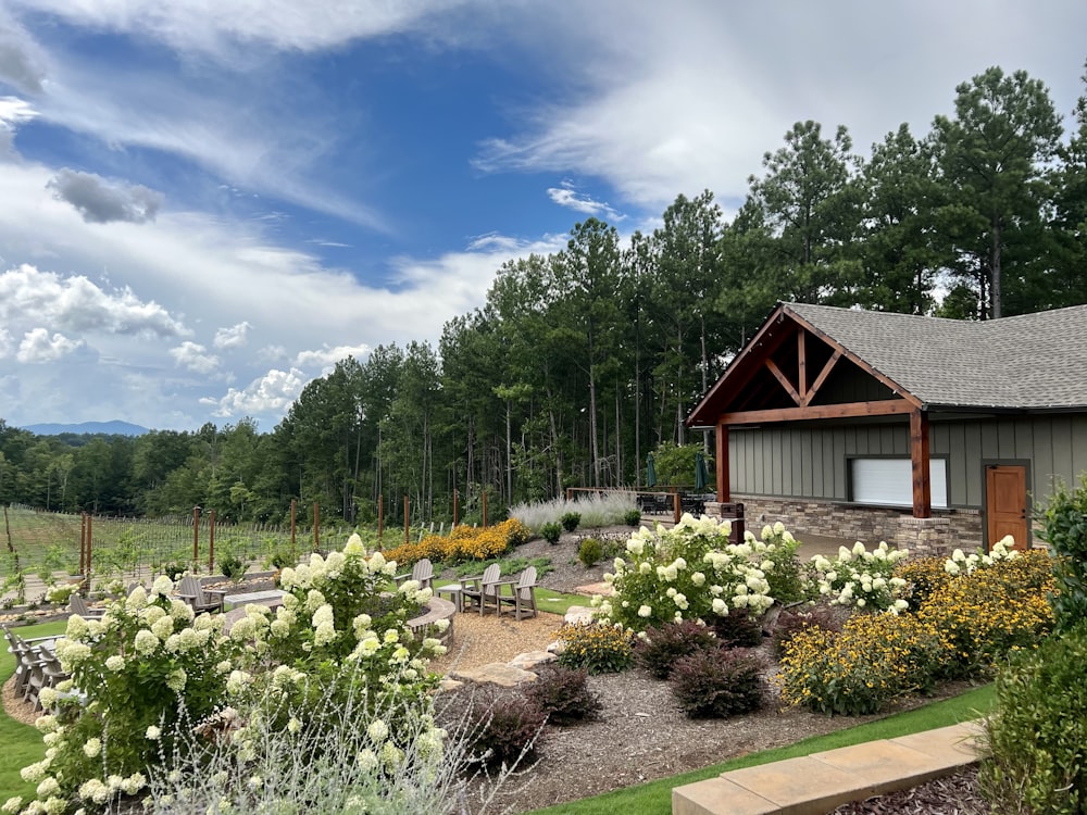 a garden with a house in the background