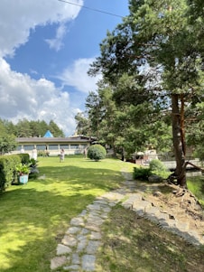 A serene garden with elders smiling gently, healthcare professionals warmly interacting nearby.