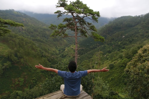 a man sitting on a wooden platform with his arms outstretched in front of a forest