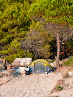 a tent in a rocky area