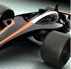 A sleek, futuristic race car with a streamlined design and matte black and orange accents. The vehicle features large wheels and an aerodynamic body, emphasizing speed and modernity.