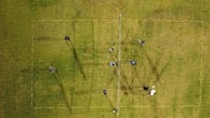 An aerial view of a grass field shows multiple people positioned within the boundaries of a yellow-marked rectangular area. A volleyball net is set up in the center, suggesting a game or practice session. The long shadows cast by the people indicate the sunlight's angle.