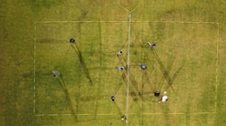 An aerial view of a grass field shows multiple people positioned within the boundaries of a yellow-marked rectangular area. A volleyball net is set up in the center, suggesting a game or practice session. The long shadows cast by the people indicate the sunlight's angle.