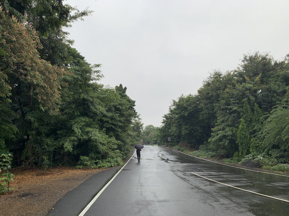 a person walking down a road with an umbrella