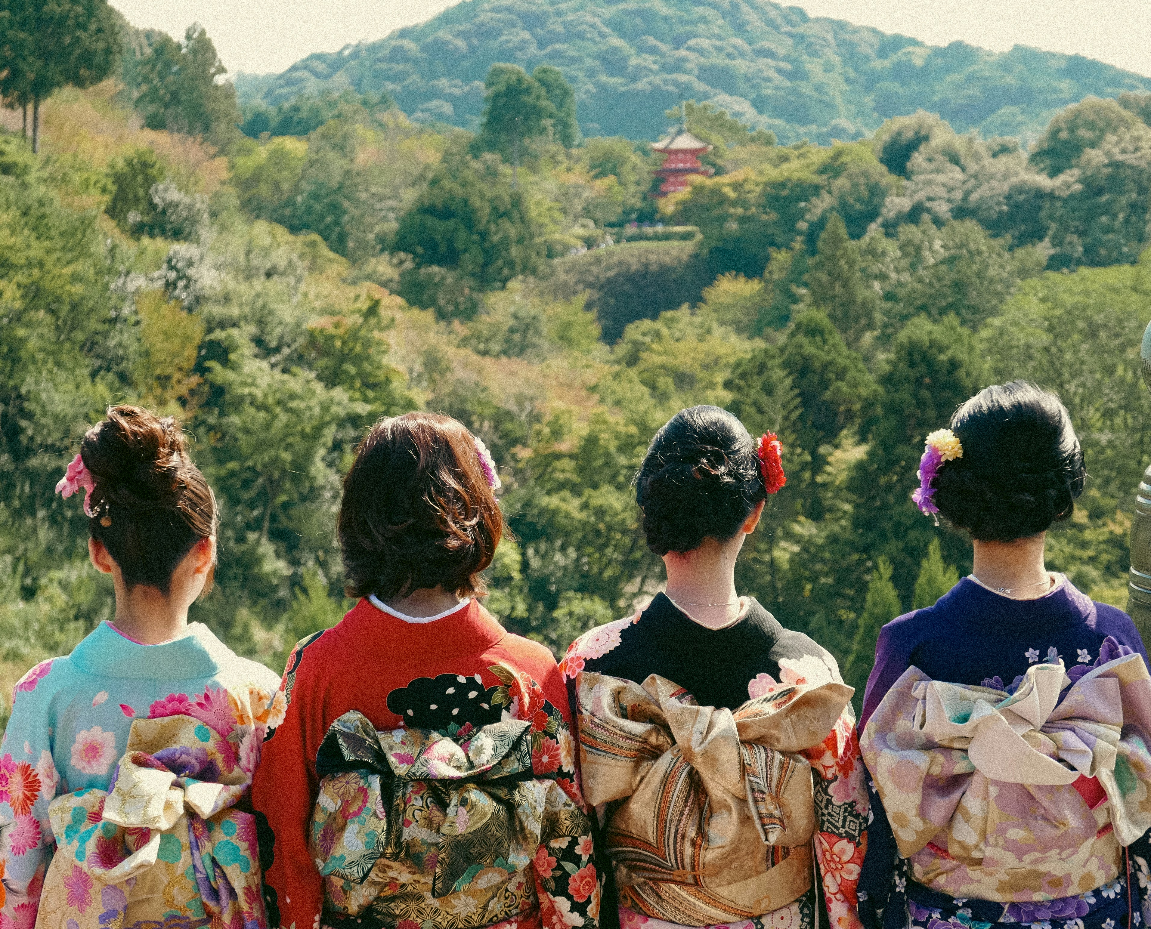 a group of people looking at a valley