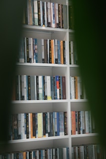 A well-organized bookshelf filled with various books, each with different colored covers and titles in diverse languages. The shelves are part of a white bookcase, and the image is framed by out-of-focus green leaves in the foreground, creating a sense of depth.