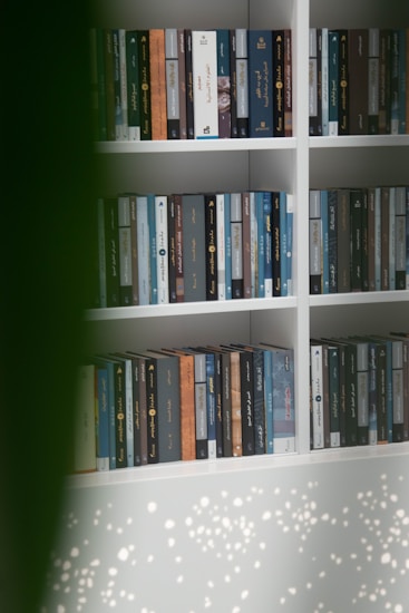 A bookshelf is filled with neatly arranged books, most of which have dark spines with Arabic script. Some sections of the bookshelf are monochromatic, while others vary in color. A blurred green element partially obstructs the view, and soft speckles of light are visible on the bottom portion.