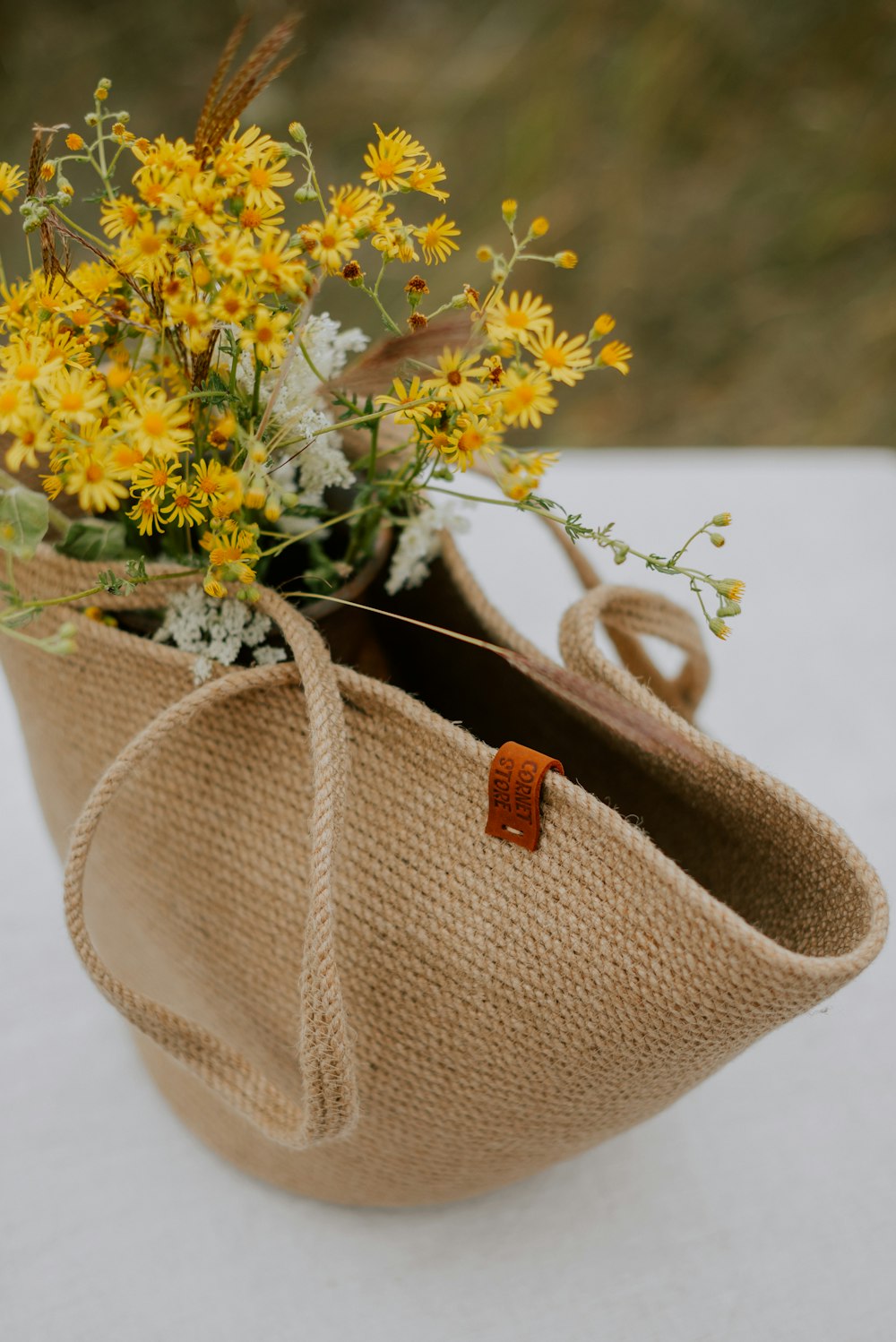 a purse with a tag on it