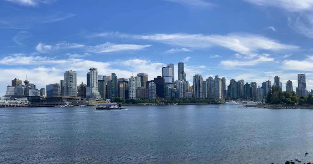 a city skyline with a boat