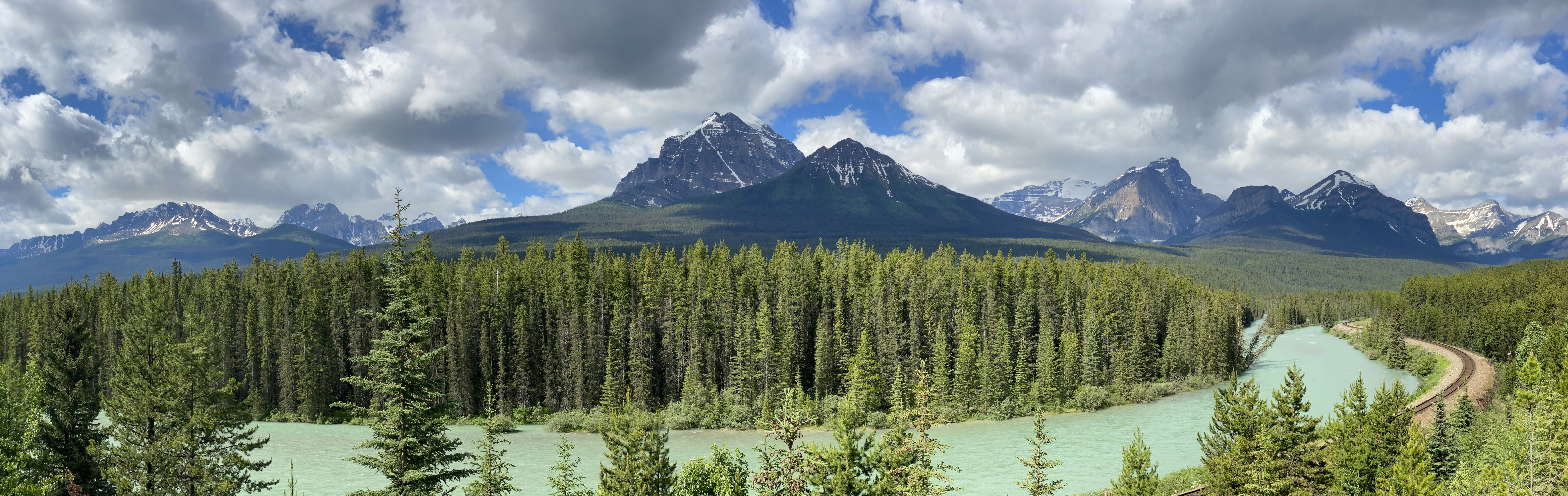 a landscape with trees and mountains in the back