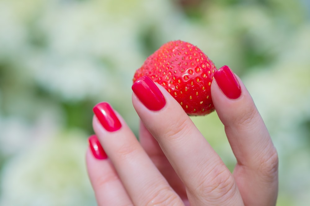 a hand holding a strawberry