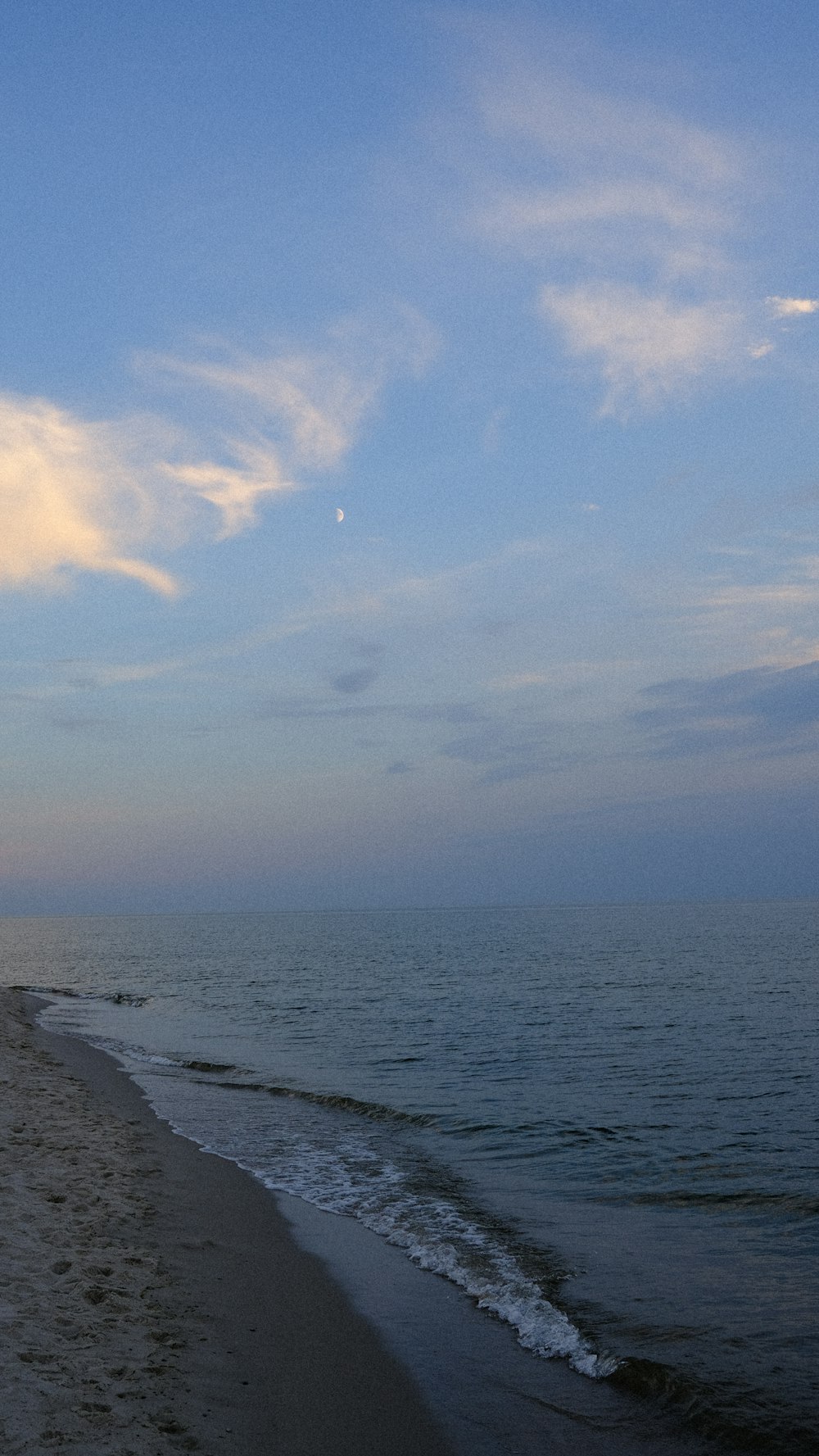 uma praia com um corpo de água e um céu nublado