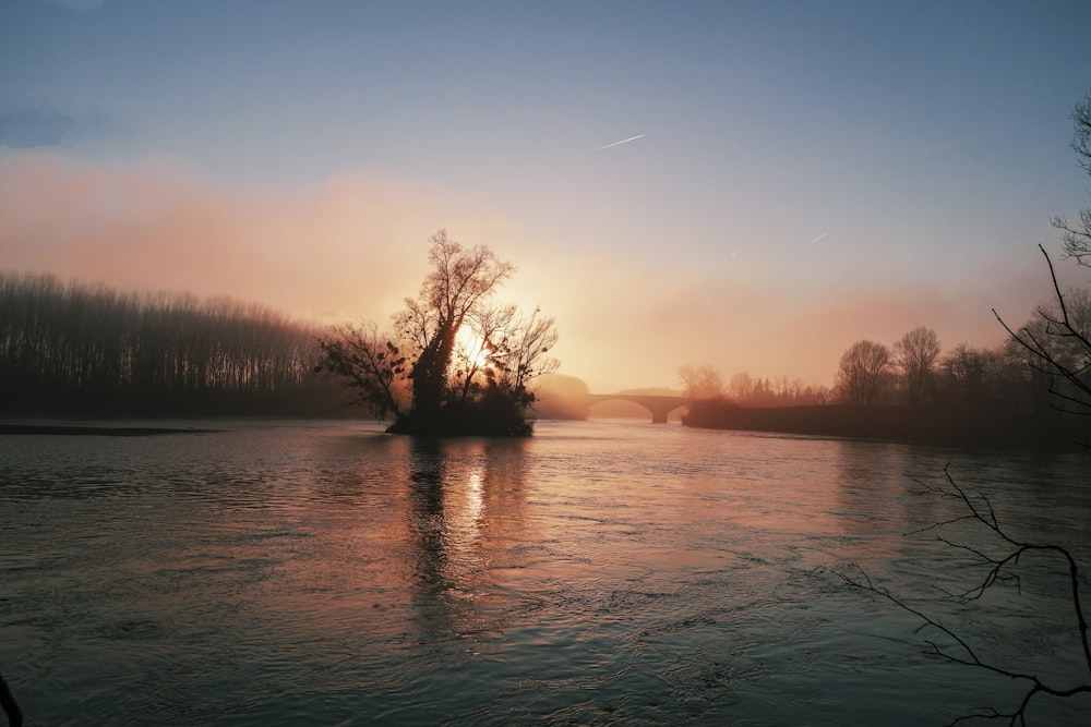 a body of water with trees and a sunset in the background