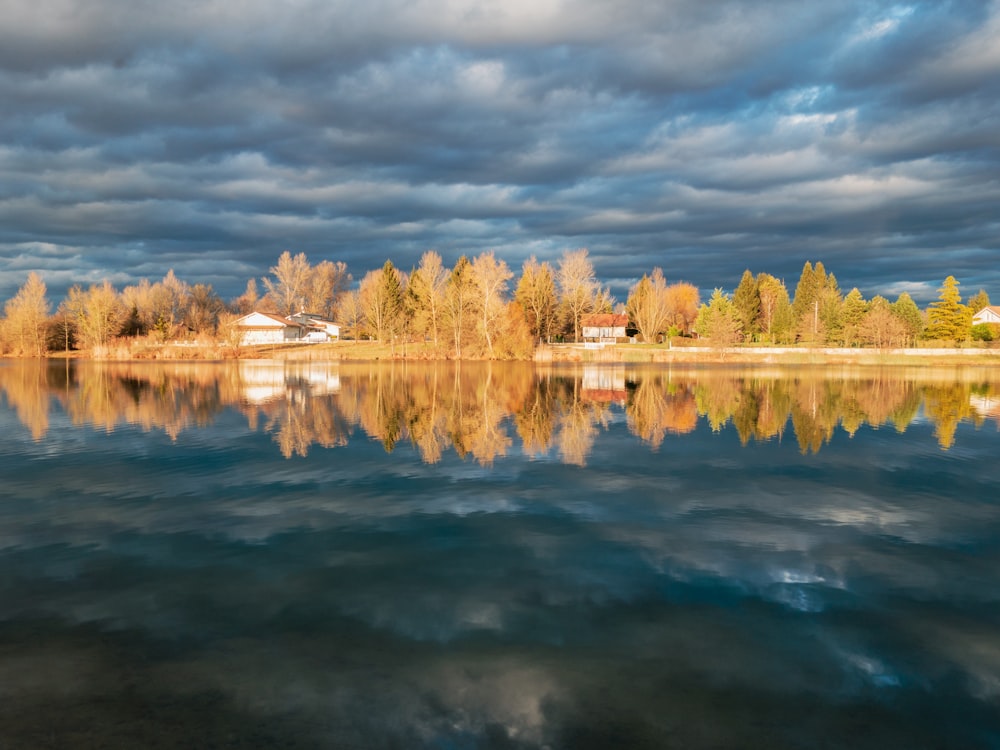 a lake with trees and a house