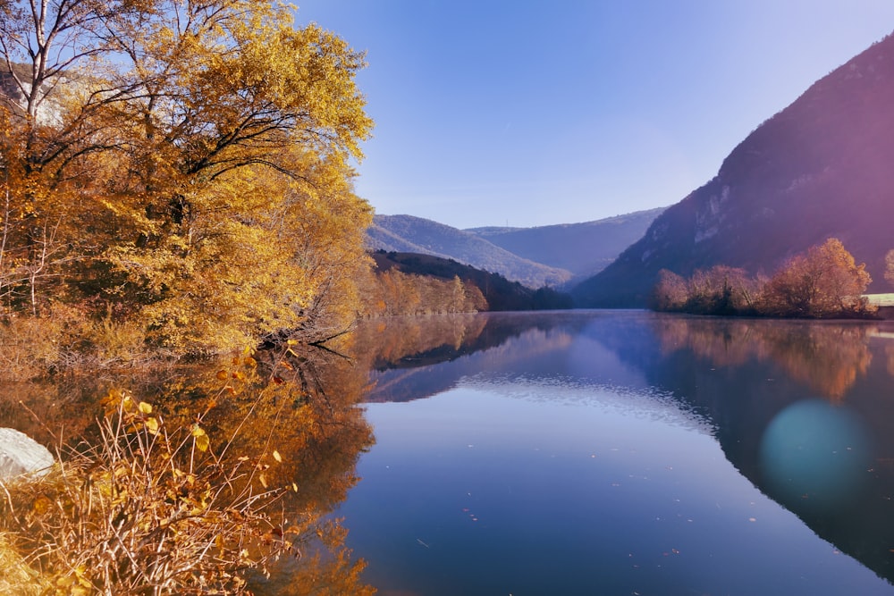 a lake surrounded by trees and mountains