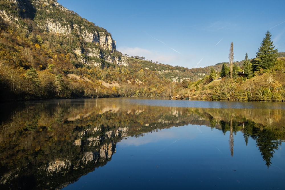 a lake surrounded by trees and mountains