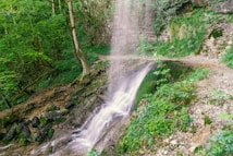 A peaceful forest scene with a small waterfall cascading over rocks, surrounded by lush green vegetation and trees. The flowing water creates a serene and tranquil atmosphere. The pathway on the right side suggests a hiking trail through the natural landscape.