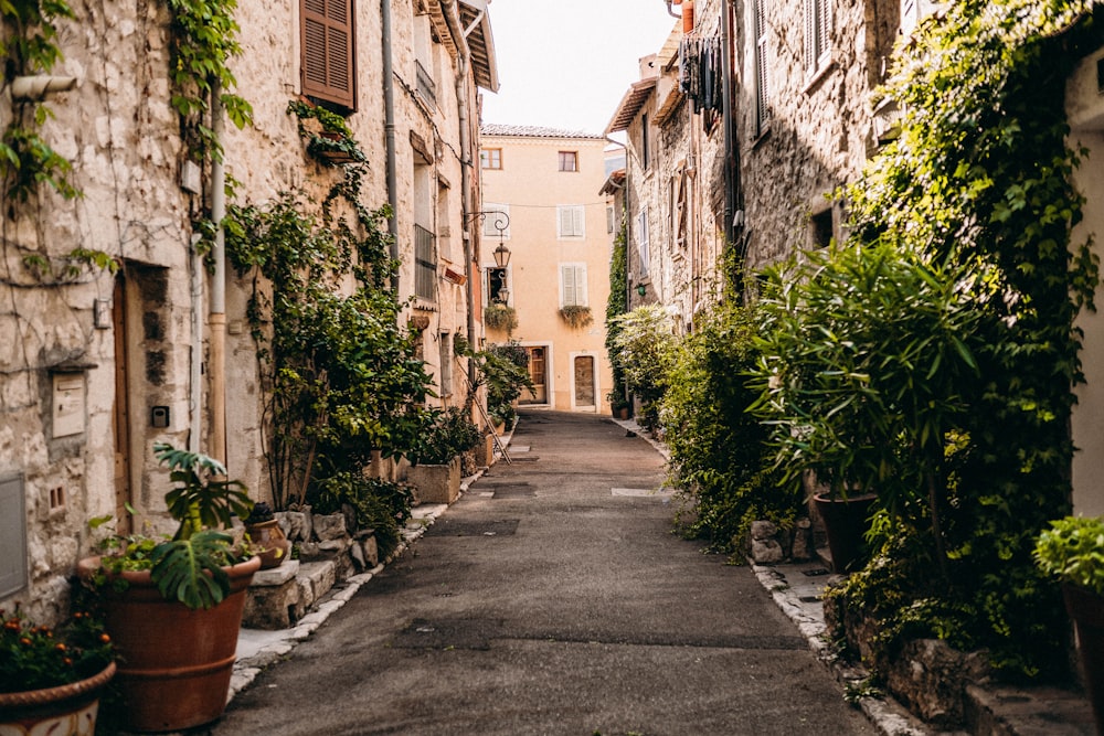 a narrow street with buildings on both sides