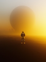 An astronaut stands facing a large, mysterious sphere in a hazy, golden environment. The atmosphere is foggy and otherworldly, with the sphere dominating the horizon.