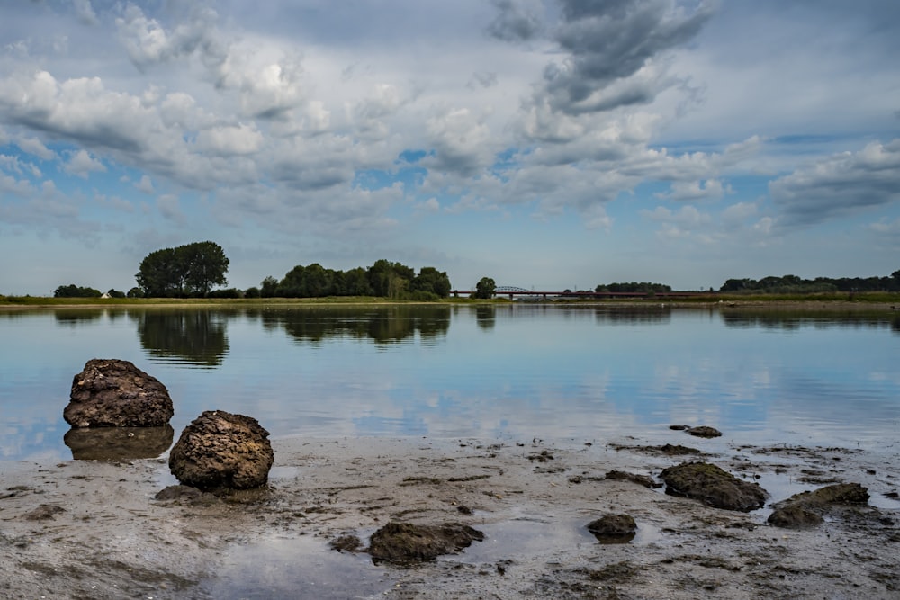 a body of water with rocks and trees in the background