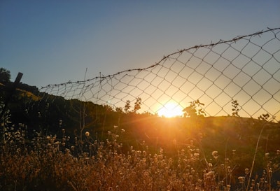 Electric fence installation around a commercial property at sunset.