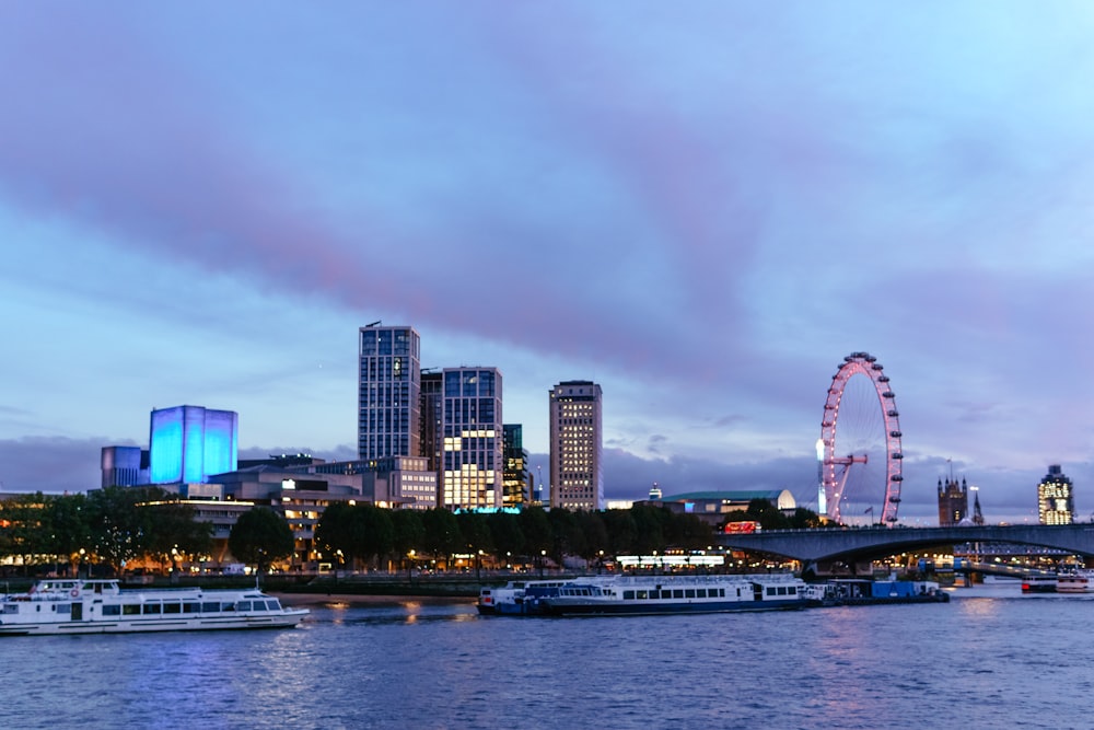 a city skyline with a ferris wheel