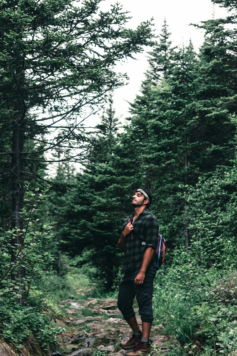 a man standing on a trail surrounded by trees