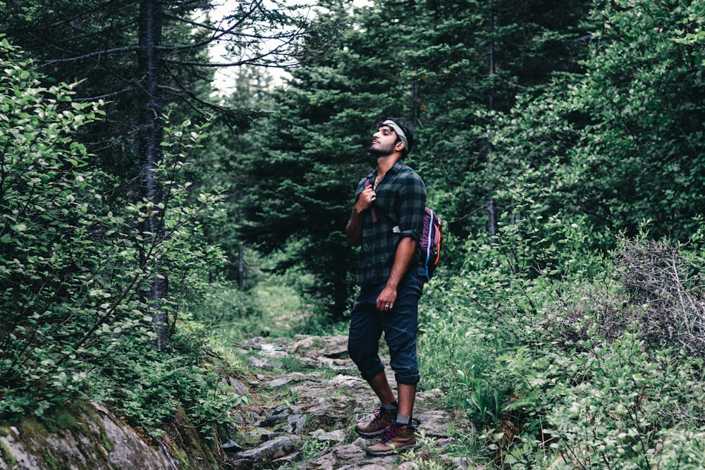 a man standing on a trail in the woods