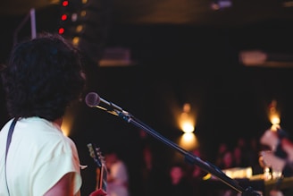 A musician with curly hair stands on stage, holding a guitar and facing away from the camera. A microphone is positioned in front of them. The background is dimly lit, with blurred lights and silhouettes of audience members.