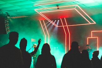 Franc Sebasti performing on stage with vibrant neon lights in the background