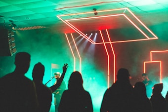 A concert setting with vibrant neon lighting and a musician performing on stage. Silhouetted figures of audience members are visible in the foreground, creating an atmospheric and energetic ambiance.