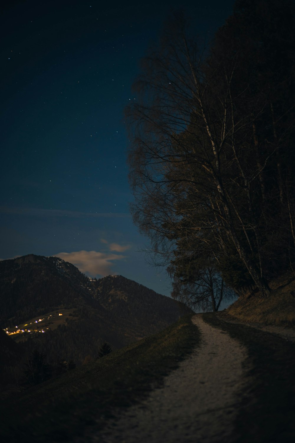 a dirt road leading up to a city at night