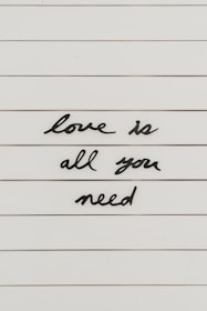 Black cursive letters spell out the phrase 'love is all you need' on a white, lined background.