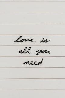 Black cursive letters spell out the phrase 'love is all you need' on a white, lined background.