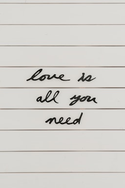 Black cursive letters spell out the phrase 'love is all you need' on a white, lined background.