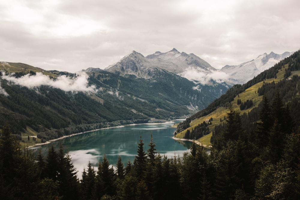 a lake surrounded by mountains