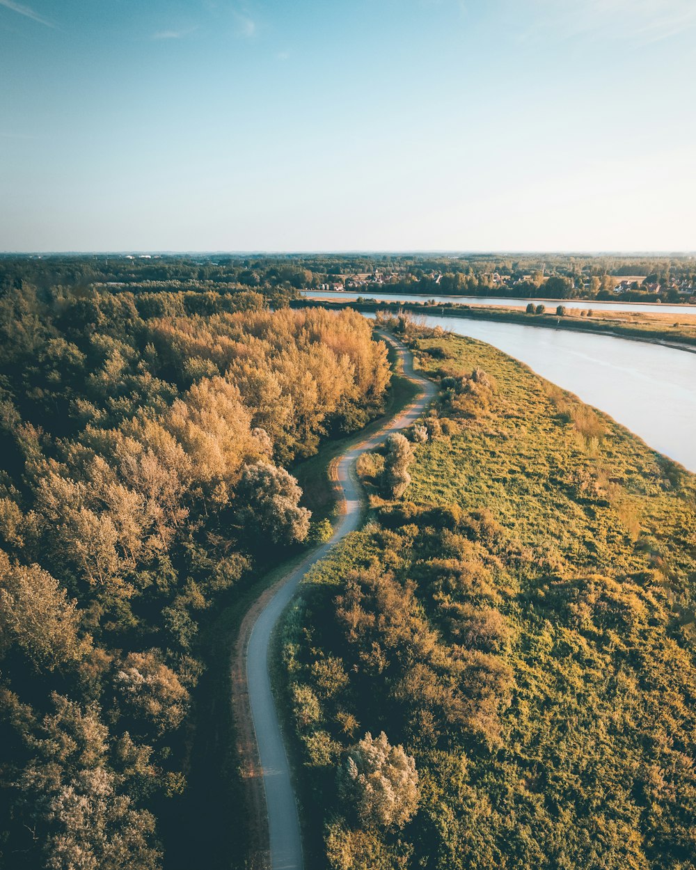 a river with a road and trees