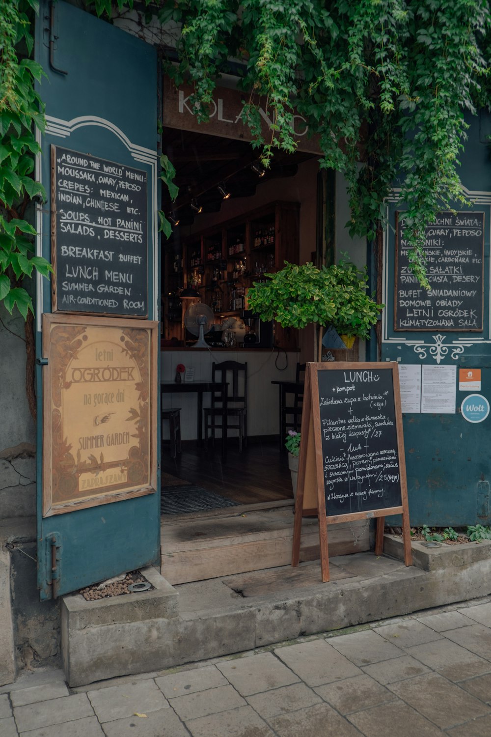 a restaurant with signs