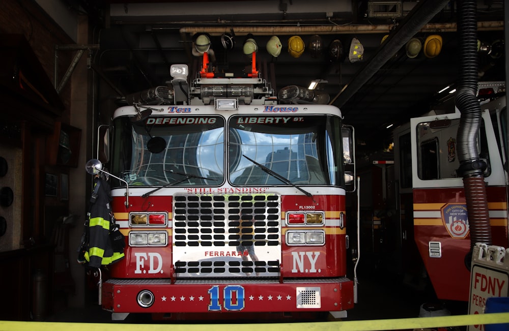 a fire truck in a garage