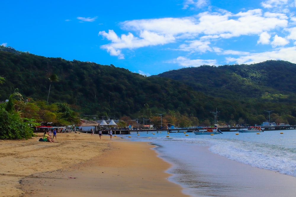 a beach with boats and people